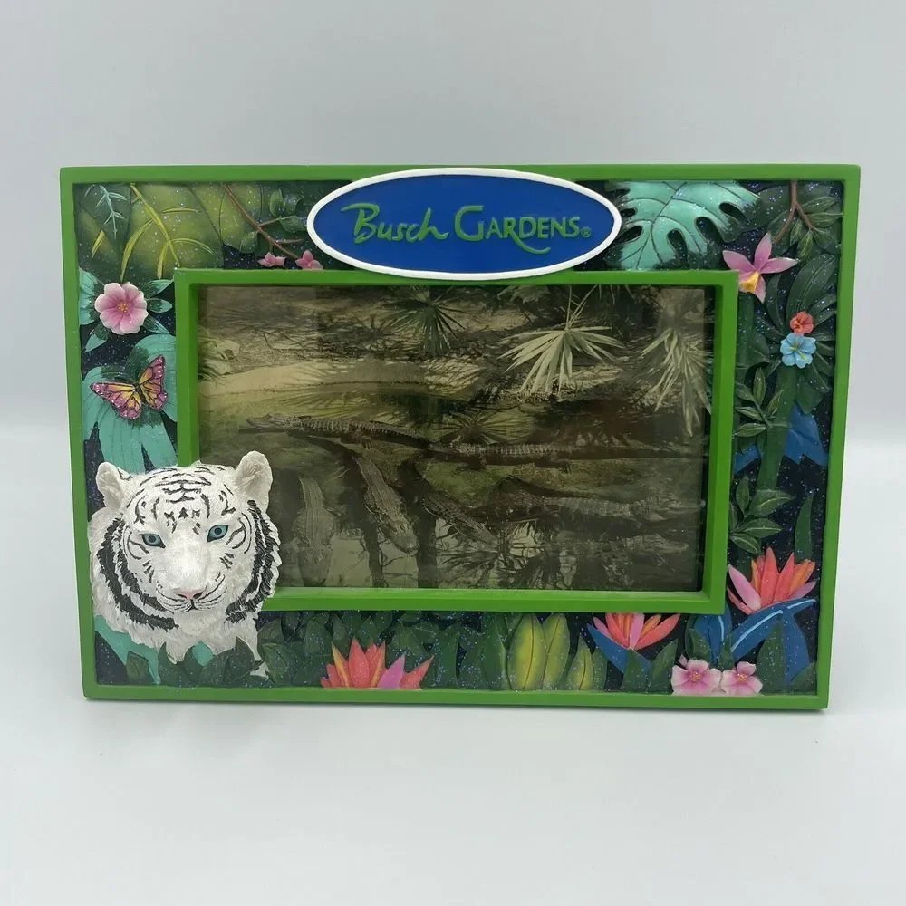 Vintage Busch Gardens Animals 4×6 Photo Frame Tabletop White Tiger HTF